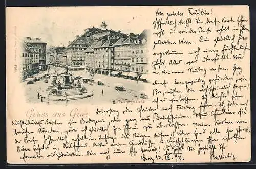 AK Graz, Hauptplatz mit Geschäften und Denkmal