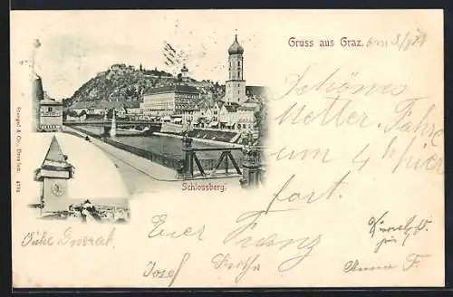 AK Graz, Schlossberg mit Kirche, Turm