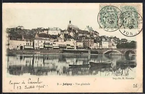 AK Joigny, Vue générale de la ville et du pont sur la rivière