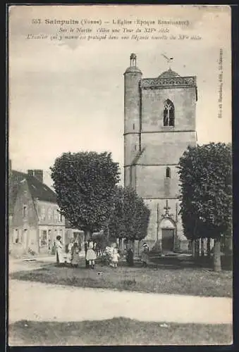 AK Sainpuits /Yonne, L`Église Renaissance avec tour du XVIe siècle et scène de village animée