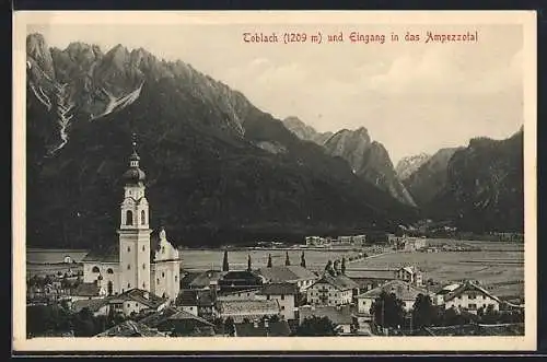 AK Toblach, Ortsansicht mit Eingang in das Ampezzotal