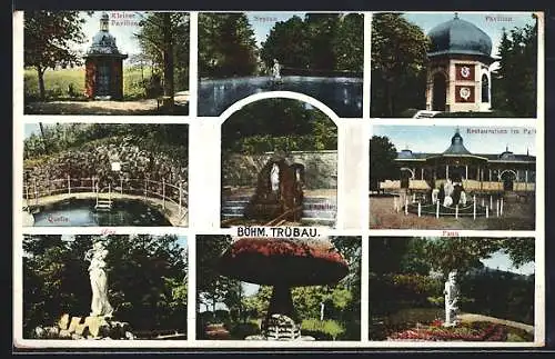 AK Ceská Trebová, Malý pavilon, Neptun, Restaurace v sadech, Sarka, Faun