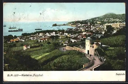 AK Funchal, Gesamtansicht aus der Vogelschau, Dampfer