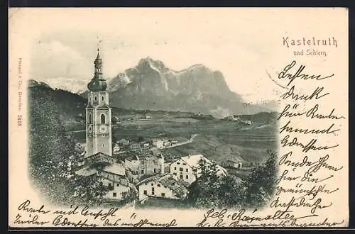 AK Kastelruth, Ortsansicht mit Schlern