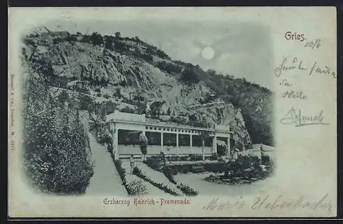 AK Gries, Erzherzog Heinrich-Promenade mit Anlagen