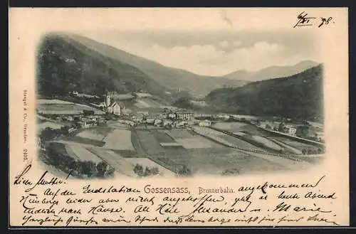 AK Gossensass, Ortsansicht aus der Ferne mit Brennerbahn