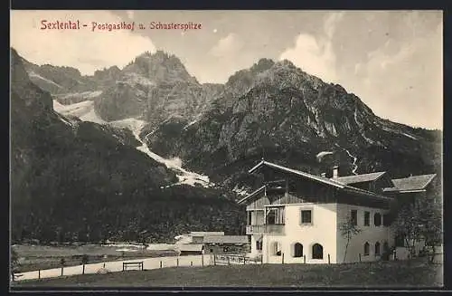 AK Sexten, Postgasthof und Schusterspitze im Sextental