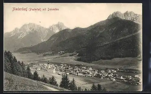 AK Niederdorf, Gesamtansicht mit Dolomiten