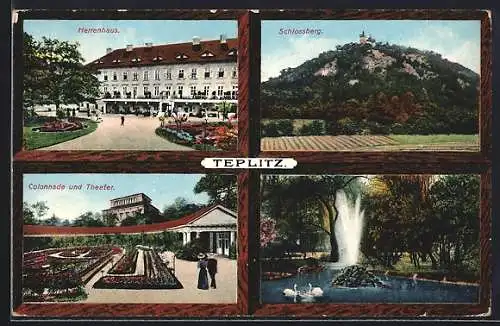 AK Teplitz, Herrenhaus, Schlossberg, Colonnade und Theater, Partie im Kurgarten