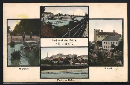 AK Prerau, Neue Brücke über die Betschwa, Schloss, Stadtpark