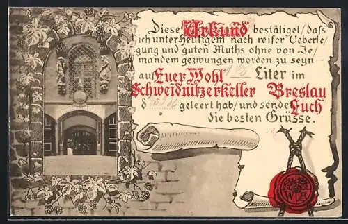 AK Breslau, Urkunde des Schweidnitzer Kellers, Eingang des Gasthauses