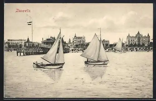 AK Zinnowitz, Blick vom Meer auf den Ort, Segelboote