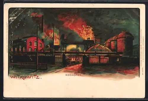 Lithographie Witkowitz, Hochöfen bei Nacht