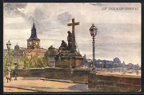 Künstler-AK J. Safarik: Prag, Auf der Karlsbrücke