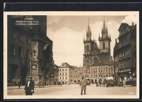 AK Prag / Praha, Staromestsky orloj s Tynskym kostelem, Strassenbahn