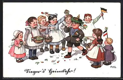 Künstler-AK P. O. Engelhard (P.O.E.): Mädchen begrüssen den heimkehrenden kleinen Soldaten
