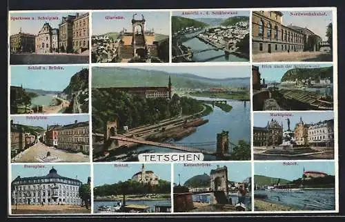 AK Tetschen-Bodenbach / Decin, Panorama, Glariette, Schulplatz & Nordwestbahnhof