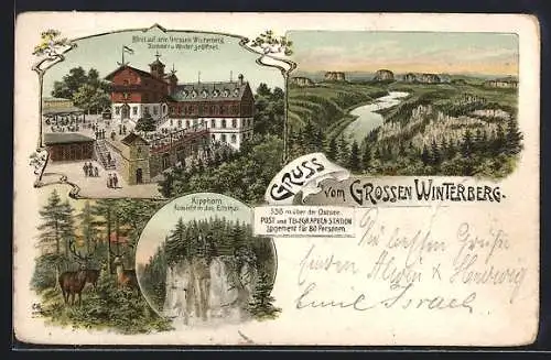Lithographie Bad Schandau, Grosser Winterberg mit Hotel auf dem Grossen Winterberg und Kipphorn