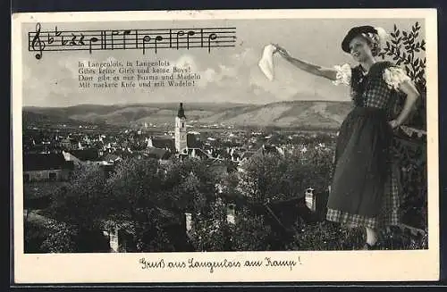 AK Langenlois a. Kamp, Gesamtansicht, Dame in Tracht