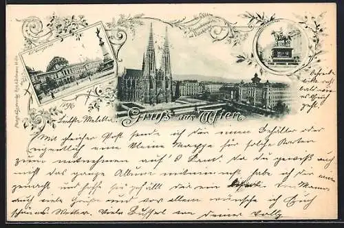 AK Wien, Universität, Radetzkydenkmal, Ortspartie mit Kirche aus der Vogelschau, Rahmen, Ornamente