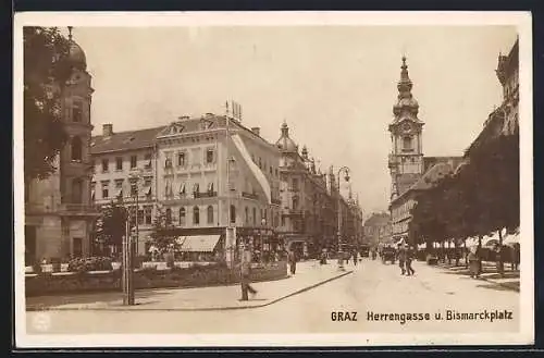 AK Graz, Herrengasse und Bismarckplatz, Ortspartie mit Turm