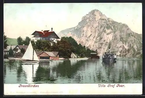 AK Traunkirchen, Villa Graf Paar mit Dampfer und Segelboot
