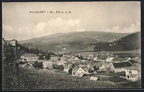 AK Neumarkt i. St., Gesamtansicht mit Fernblick von einer Anhöhe aus