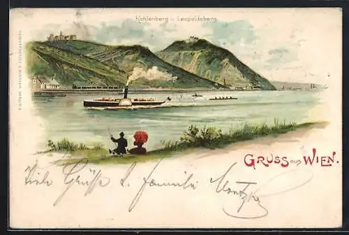 Lithographie Wien XIX, Kahlenberg & Leopoldsberg, Dampfer