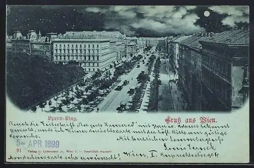 AK Wien, Strassenbahnen am nächtlichen Opernring