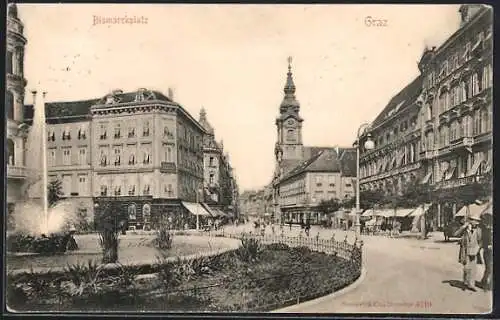 AK Graz, Bismarckplatz, Ortspartie mit Kirchturm