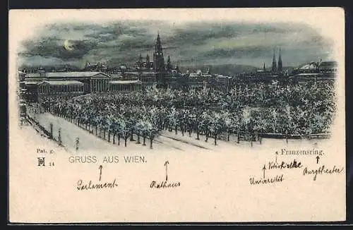 AK Wien, Franzensring mit Stadtpanorama im Mondschein