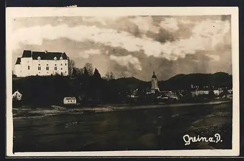AK Grein a. D., Ortspanorama von der Donau aus