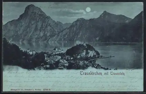 Mondschein-AK Traunkirchen, Teilansicht mit Traunstein