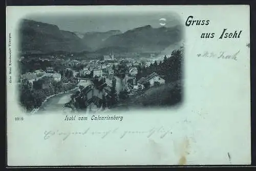 Mondschein-AK Ischl, Teilansicht mit Kirche vom Calvarienberg aus