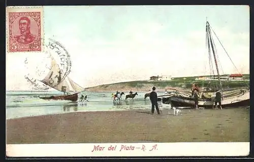 AK Mar del Plata, Strand mit Segelbooten