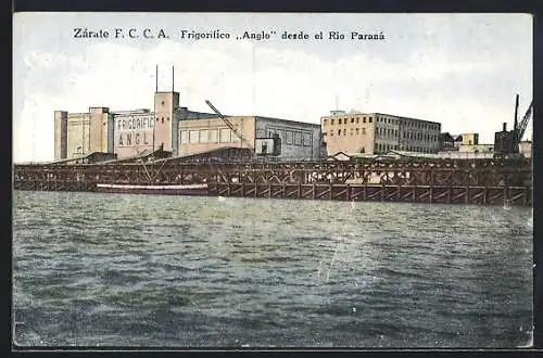 AK Zaráte, F. C. C. A. Frigorifico Anglo desde el Rio Paraná