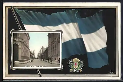 AK Rosario, Calle San Martin, Flagge und Wappen