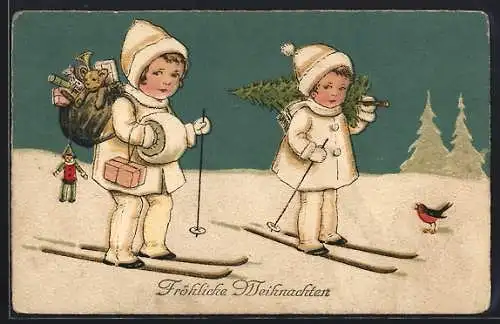 AK Kinderpaar auf Skiern mit Geschenken, Weihnachtsgruss