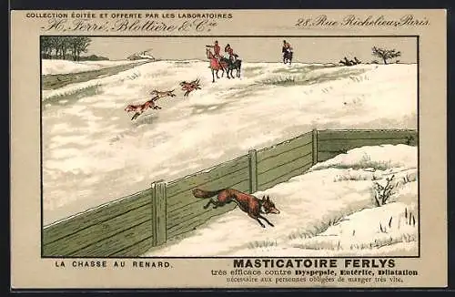 Künstler-AK Paris, H. Ferré, Blottière & Cie, 28, Rue Richelieu, La Chasse au Renard, Poudre d`Abyssinie Exibard