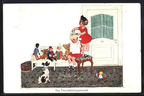 Künstler-AK Helmut Skarbina: Der Verschönerungsverein, Mädchen spielen Friseur