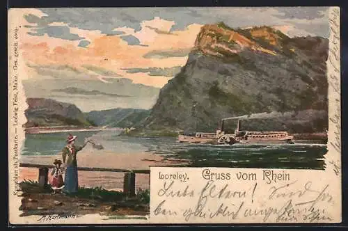 Lithographie Loreley, Rheindampfer und Frau mit Kind