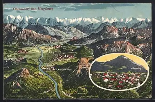 Künstler-AK Eugen Felle: Oberaudorf, Ortsansicht u. Panorama mit Kufstein, Petersberg u. Niederaudorf