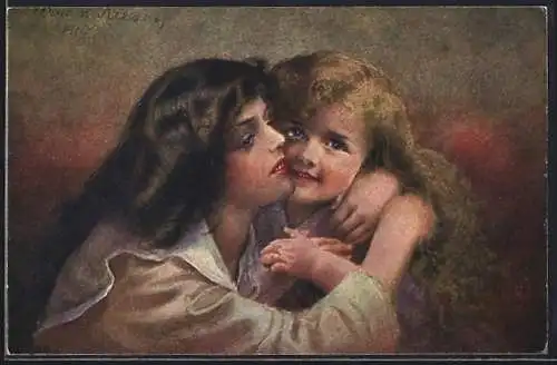 Künstler-AK Die Geschwister, Mädchen mit wallendem Haar