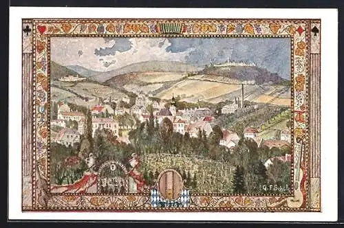 Künstler-AK Wien, Grinzing mit Kobenzl und Kahlenberg