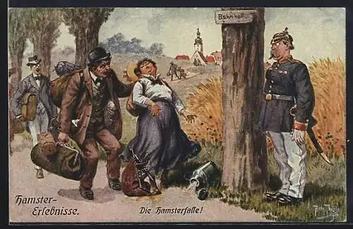 Künstler-AK Arthur Thiele: Hamster-Erlebnisse, Die Hamsterfalle!, Gendarm