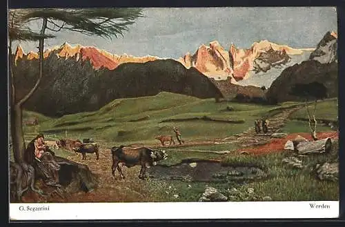 Künstler-AK Giovanni Segantini: Werden, Landidyll mit Rindern
