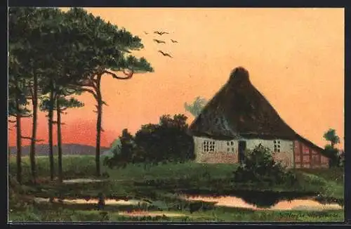 Künstler-AK S.Wencke: Haus am Bach bei Sonnenuntergang