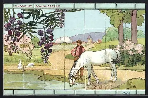 AK Kachelbild Mann führt Pferd zur Wasserstelle, Reklame für Chocolat d`Aiguebelle