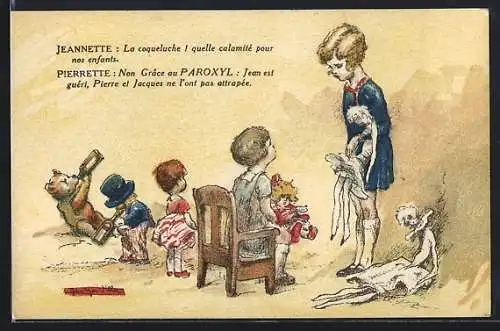 Künstler-AK Georges Villa: Labratoire du Paroxyl, Werbung, Kinder mit maladen Puppen und Teddy