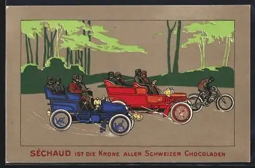 Künstler-AK Automobilisten machen eine Ausfahrt, Auto und Motorrad